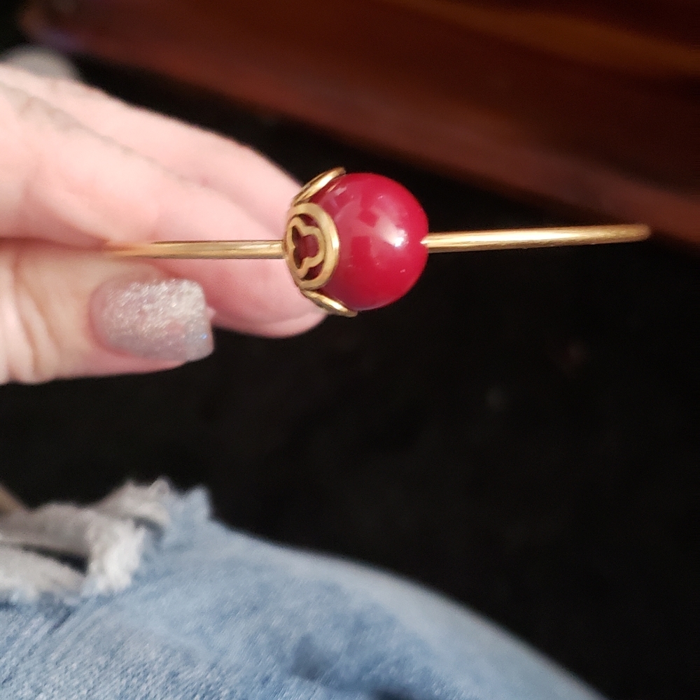 Pilgrim goldtone/red bangle bracelet, 2.75"